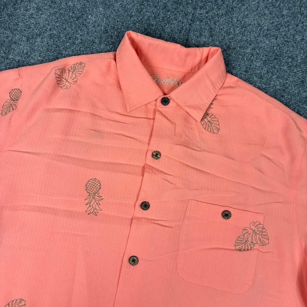 Caribbean Mens Size Large Coral Pink Pineapple Monstera Embroidered Silk Shirt